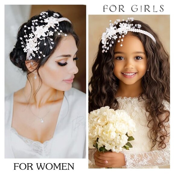 White Flower Girl Headband Pearl Wedding Hair Accessory for First Communion main image 7